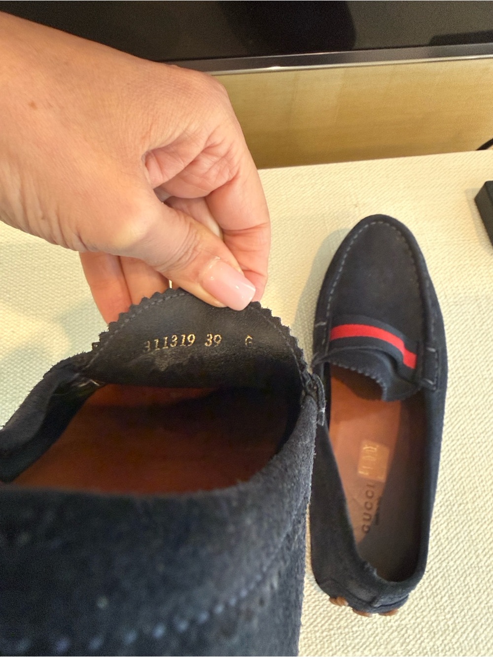 Gucci Navy Suede Loafers with Red Stripe